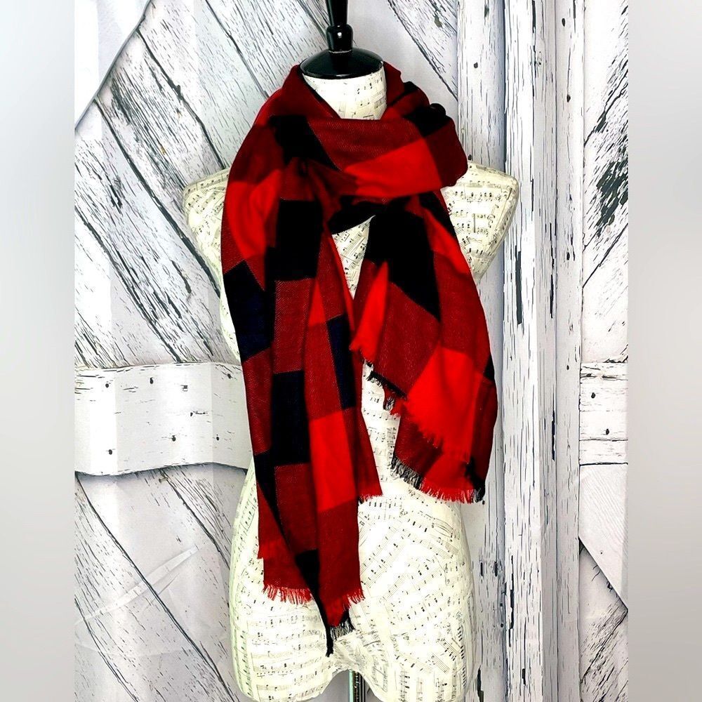 Sandro Paris Scarf Wool & Silk Blend Buffalo Checked Red Black